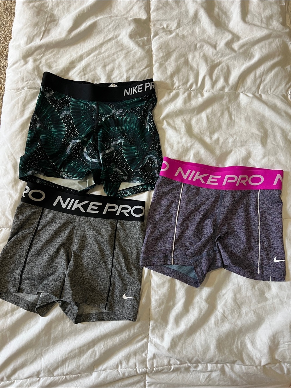 Nike Pro Women's Athletic Shorts Trio - Green, Gray, Purple small size